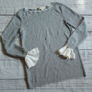 LOFT Black and White Striped Sweater with Ruffle Cuffs
